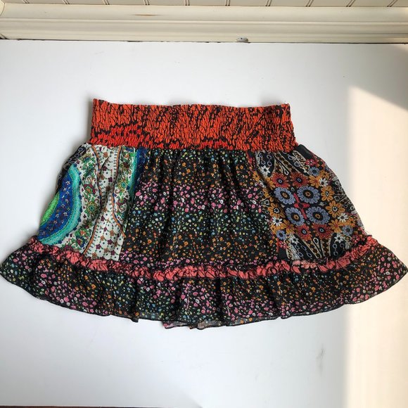 Twenty One Festival Multicolor Patchwork Smocked Waist Boho Mini Skirt Y2K Fairy - Picture 1 of 8